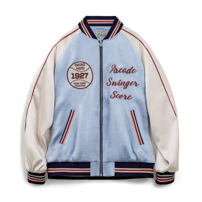 美式復古刺繡橫須賀棒球服夾克拼接痞帥缎面外套短款男秋