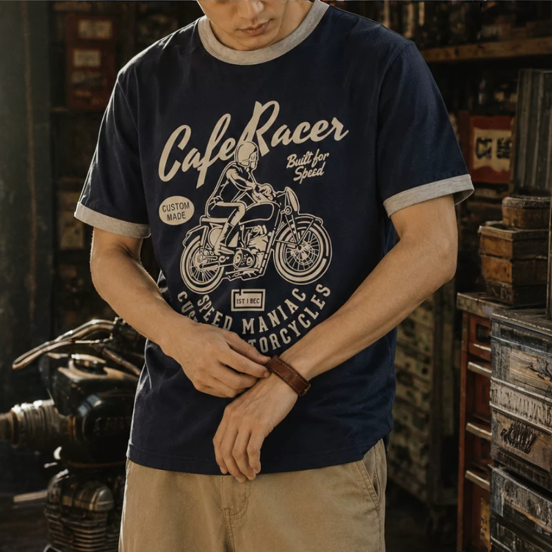 男士美式復古阿美哢嘰短袖T恤摩托機車印花純棉拼色圓領上衣