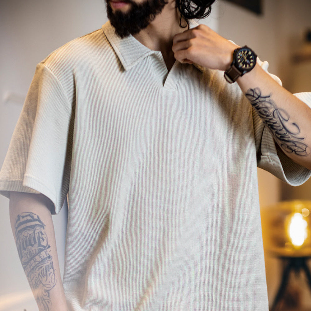 美式復古polo衫男士短袖夏季2025新款寬鬆純色休閒百搭翻領t恤男