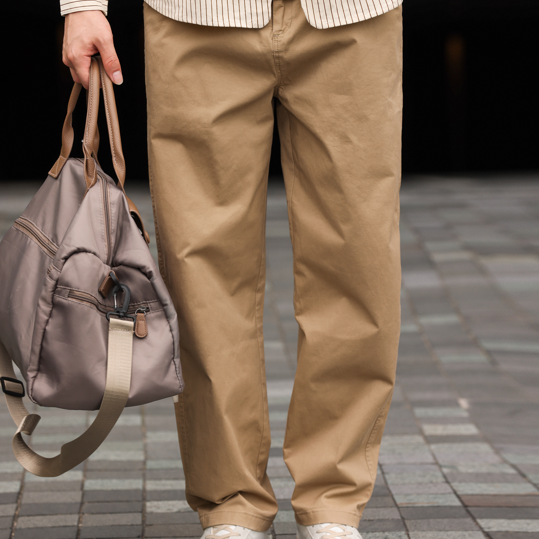 日系復古微彈休閒長褲男330g錐形繡標工裝卡其色褲子秋