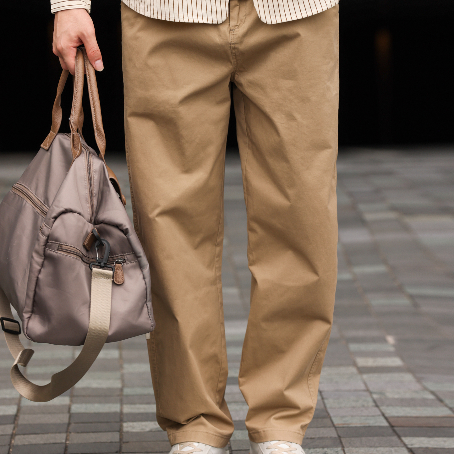 日系復古微彈休閒長褲男330g錐形繡標工裝卡其色褲子秋