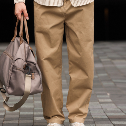 日系復古微彈休閒長褲男330g錐形繡標工裝卡其色褲子秋