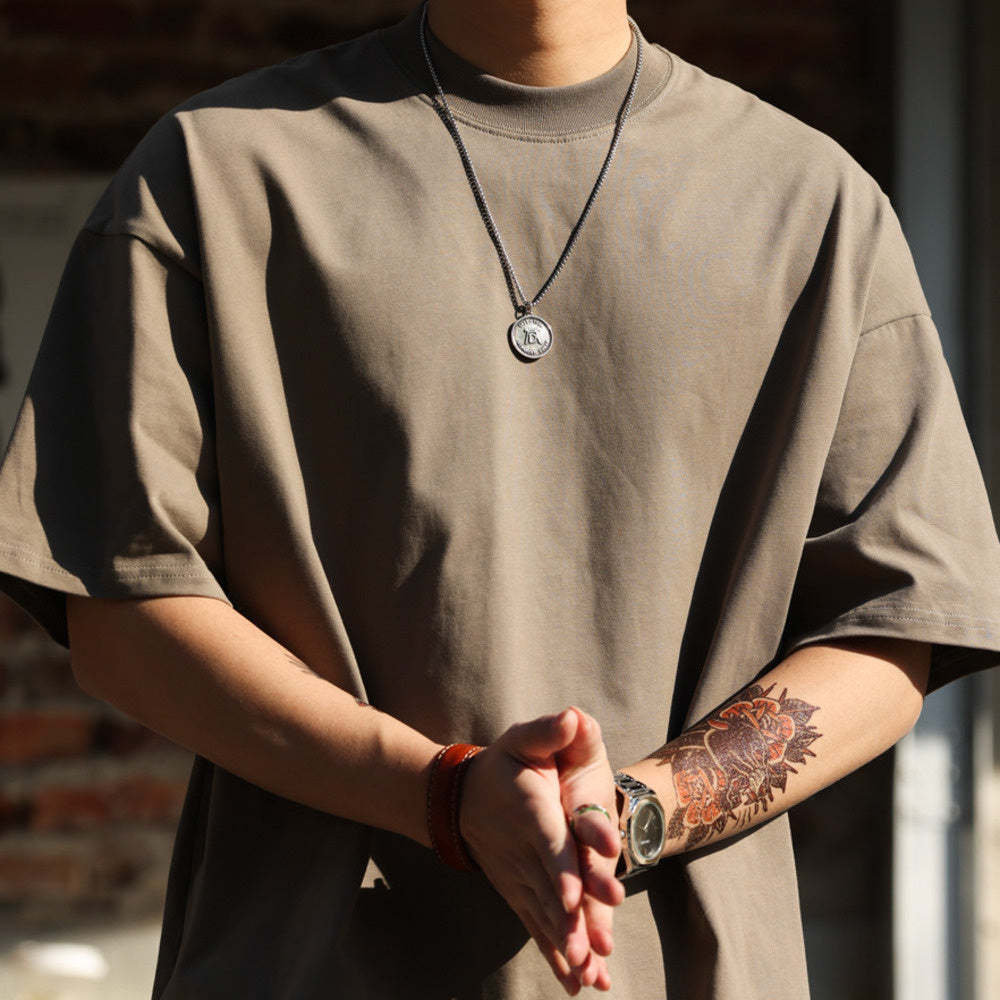 美式230g輕絨感小領口短袖T恤男寬鬆休閒抗皺大碼體恤夏