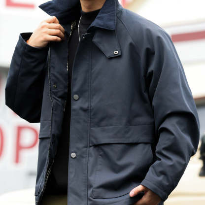 美式復古插肩袖哈靈頓夾克男燈芯絨拼接領口底特律工裝外套-Retro's Wear