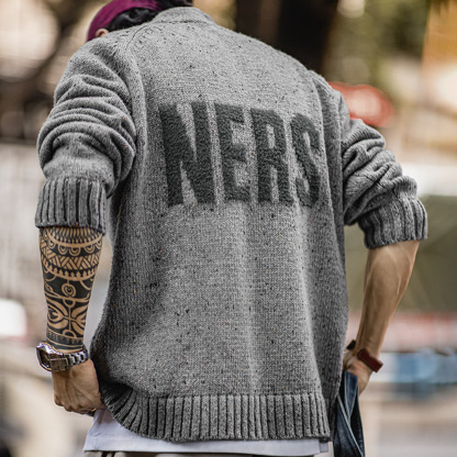 美式復古灰色提花毛衣立領垂感套頭針織衫保暖外套男秋冬