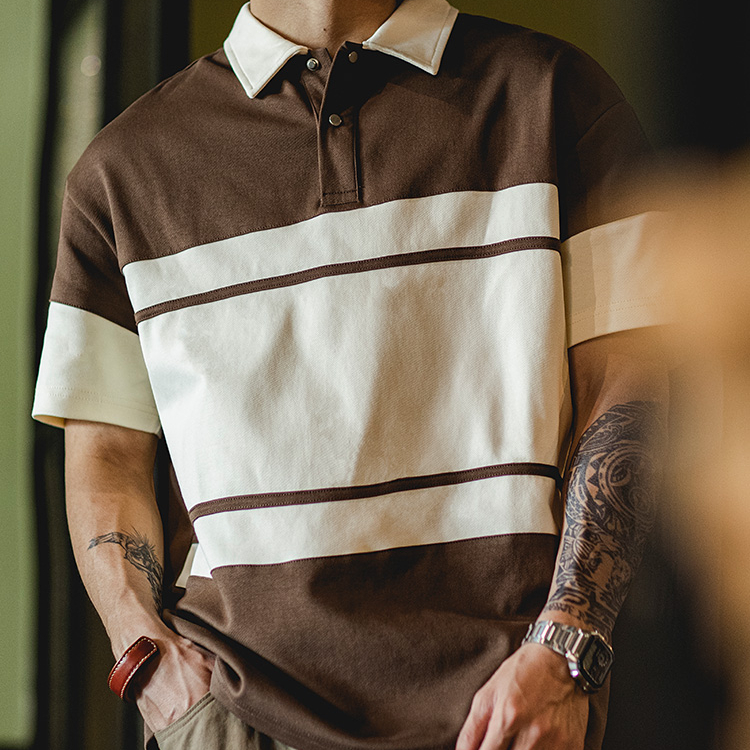 美式復古polo衫短袖男夏季2025新款撞色彈力上衣寬鬆拼接男士t恤