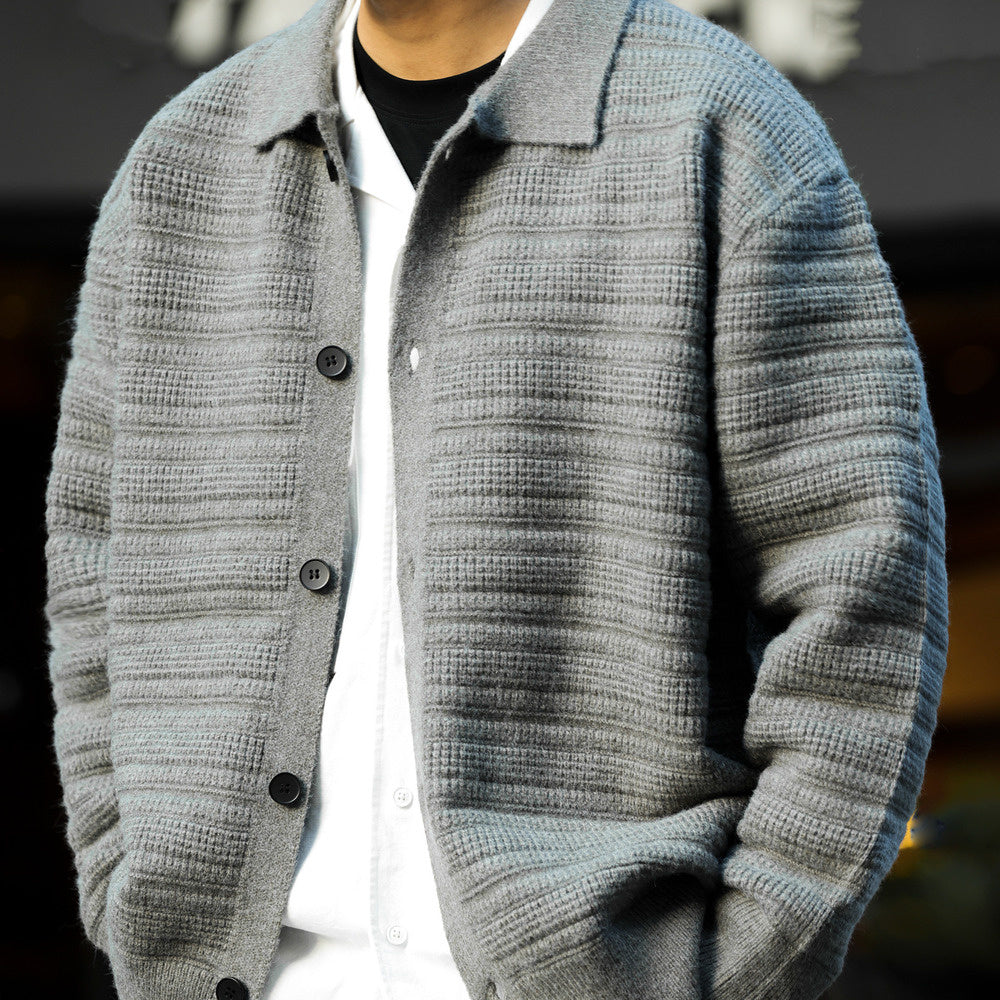 美式慵懶風翻領開衫毛衣男重工肌理加厚保暖外穿針織外套冬-Retro's Wear