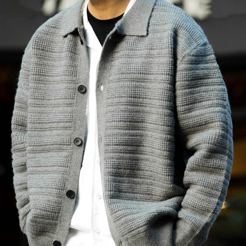美式慵懶風翻領開衫毛衣男重工肌理加厚保暖外穿針織外套冬-Retro's Wear