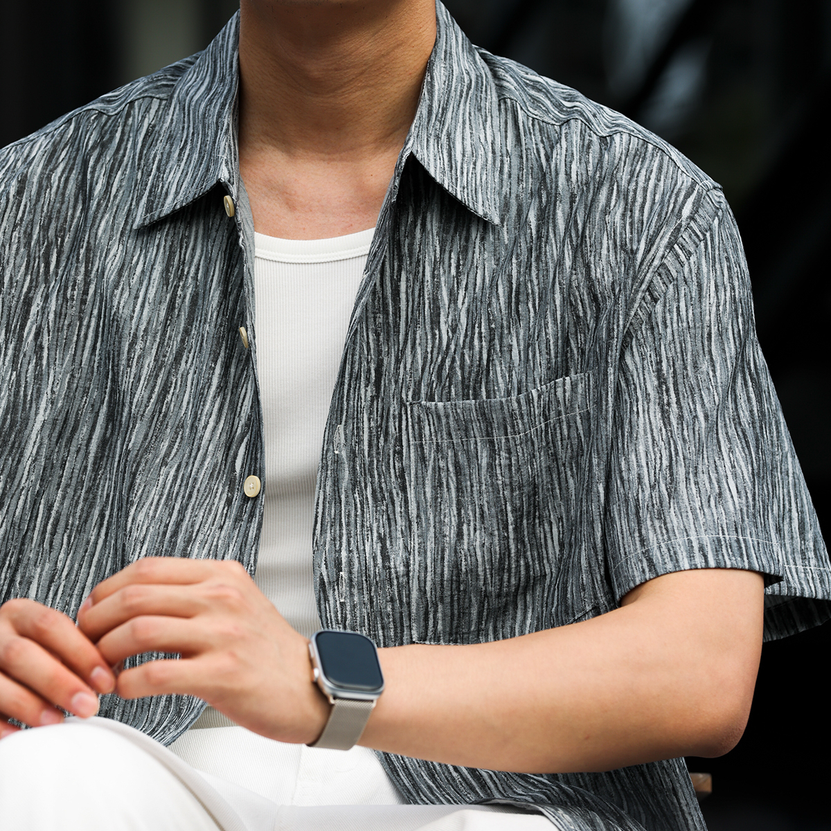 美式休閒鹅黃色短袖襯衣男褶皺紋理115g輕量感外搭襯衫