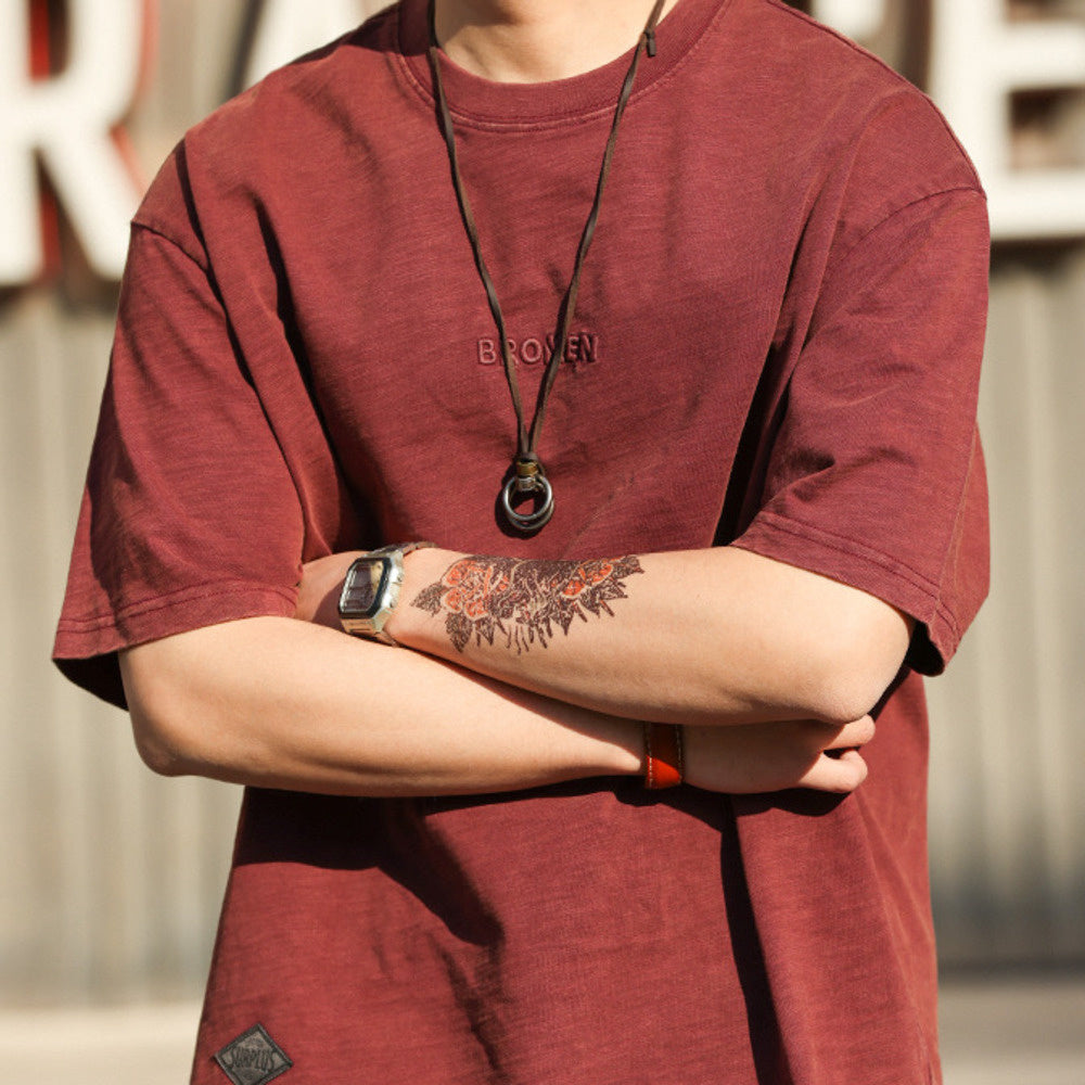 日系復古重磅天竺棉短袖T恤男250g字母刺繡純棉打底衫夏