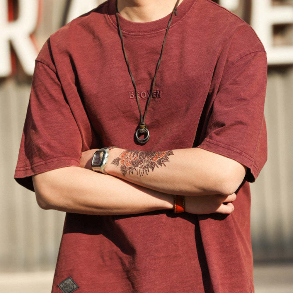 日系復古重磅天竺棉短袖T恤男250g字母刺繡純棉打底衫夏