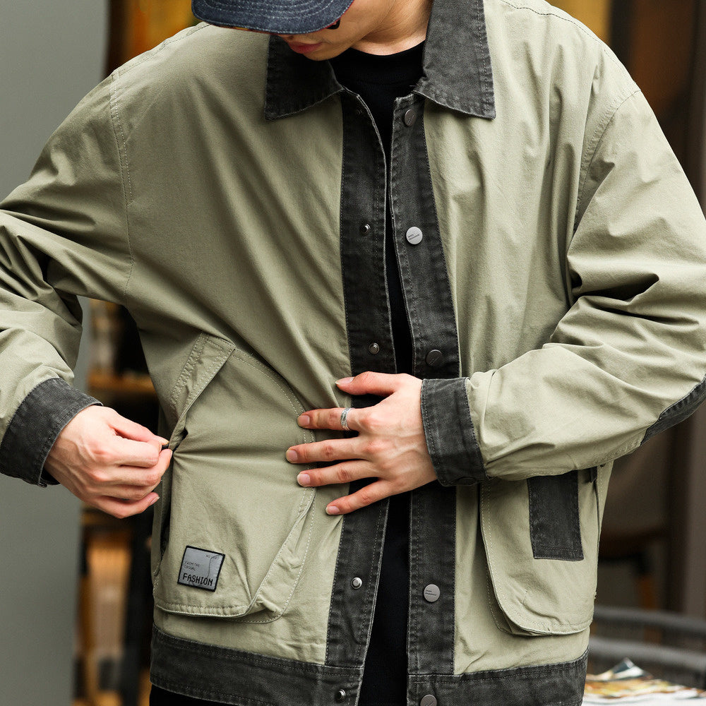 美式復古工裝G9哈靈頓夾克男撞色拼接翻領機車cleanfit外套-Retro's Wear