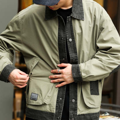 美式復古工裝G9哈靈頓夾克男撞色拼接翻領機車cleanfit外套-Retro's Wear