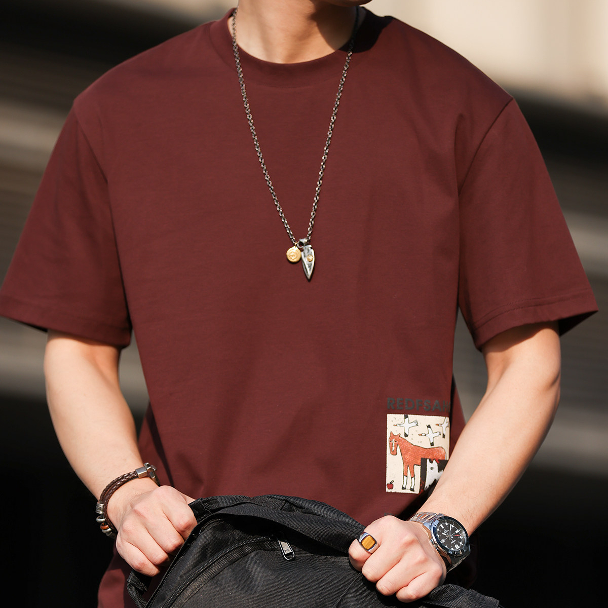 馬年定番趣味印花圓領T恤男美式休閒微寬凉感短袖打底衫