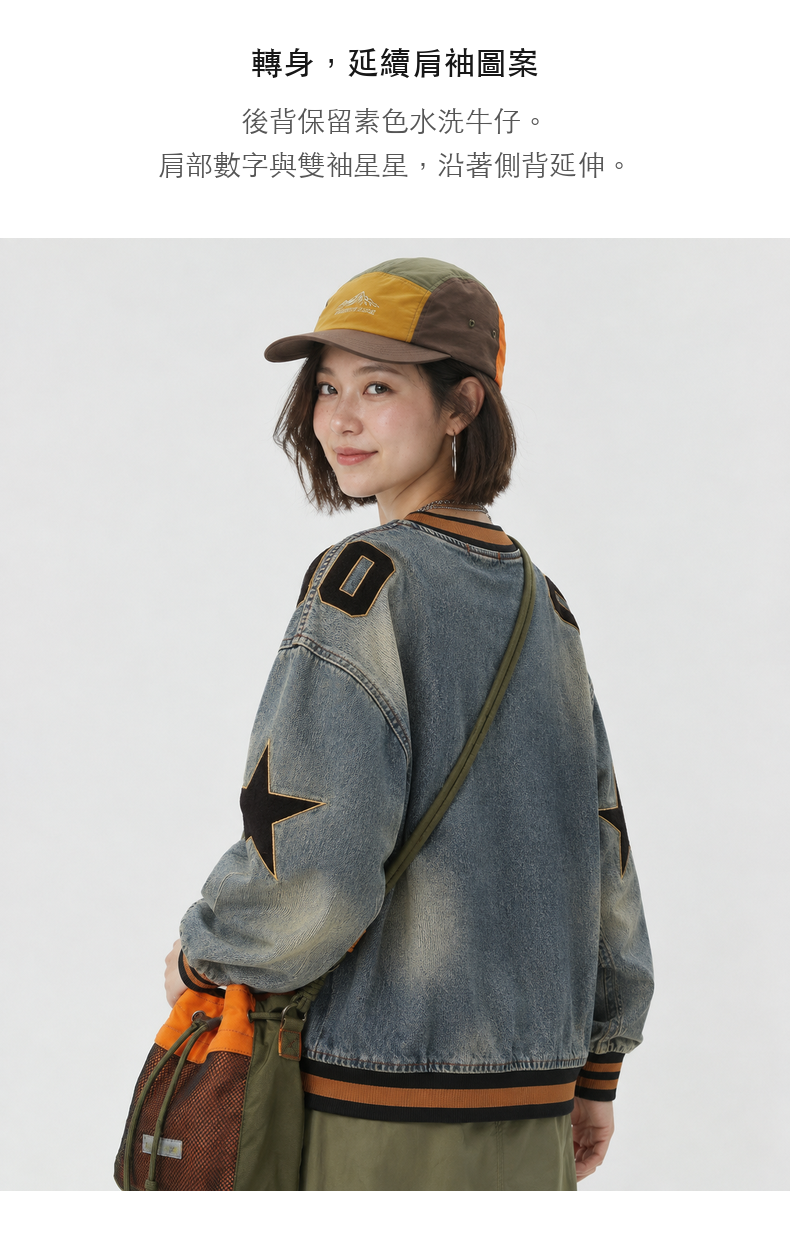 Washed Denim Number Patch V-Neck Long-Sleeve Top · 06-S03