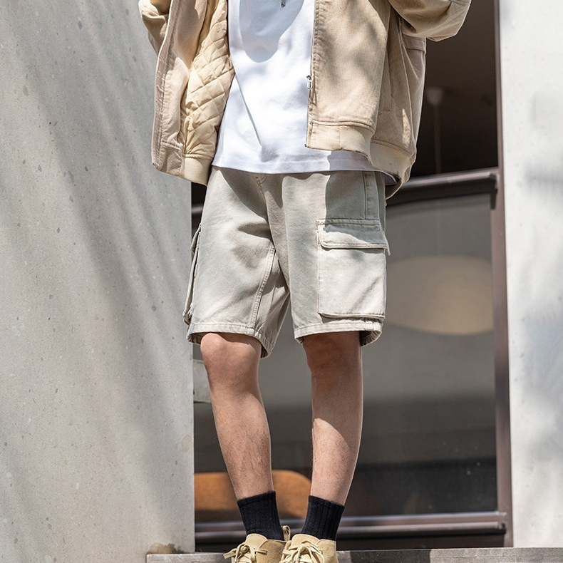 MRA多口袋工裝褲直筒短褲水洗做舊重磅寬鬆純棉五分褲男夏