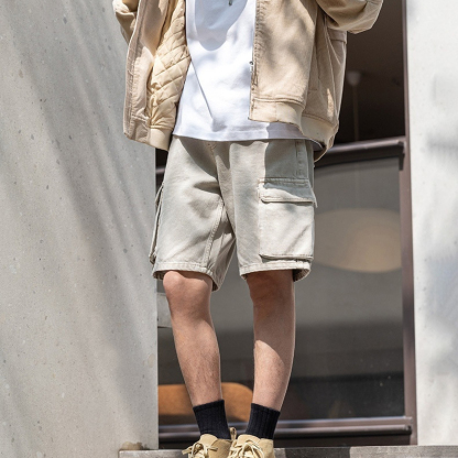 MRA多口袋工裝褲直筒短褲水洗做舊重磅寬鬆純棉五分褲男夏