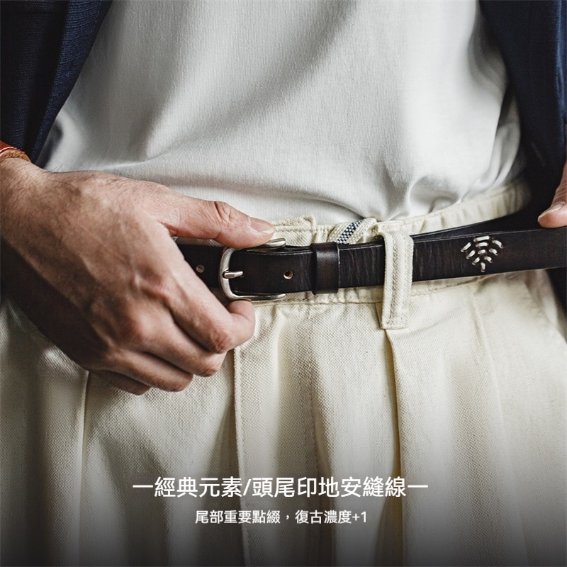 復古黑色頭層牛皮腰帶阿美咔嘰針扣腰鏈配飾真皮皮帶男士-Retro's Wear