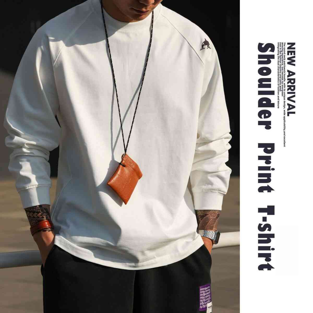 美式休閒300g重磅插肩長袖T恤男鯨魚印花三本針純棉TEE