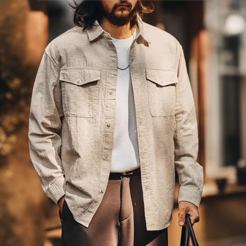美式復古亞麻混紡輕薄男士襯衫外套寬鬆春季款工裝長袖襯衣