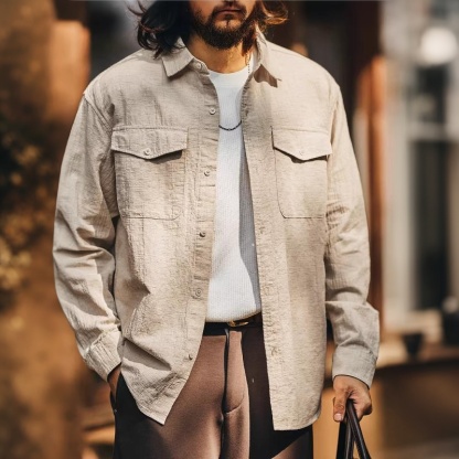 美式復古亞麻混紡輕薄男士襯衫外套寬鬆春季款工裝長袖襯衣