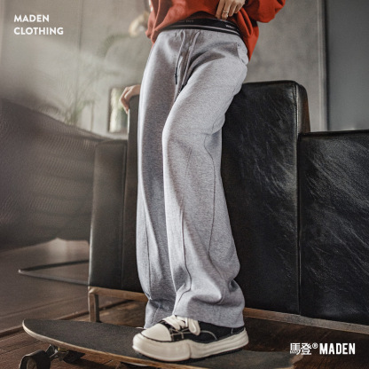 花灰撞色雙腰頭假兩件抽繩直筒香蕉鐮彎刀休閒運動衛褲女士秋