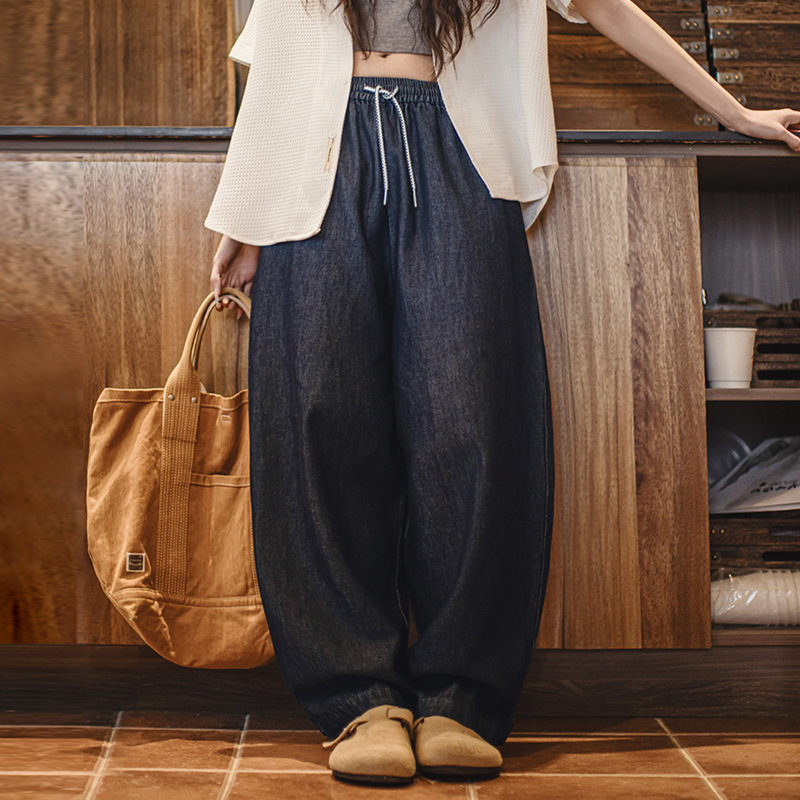 復古冰皮香蕉牛仔褲凉感柔軟面料通勤蘿蔔褲鬆緊系腰褲子春女