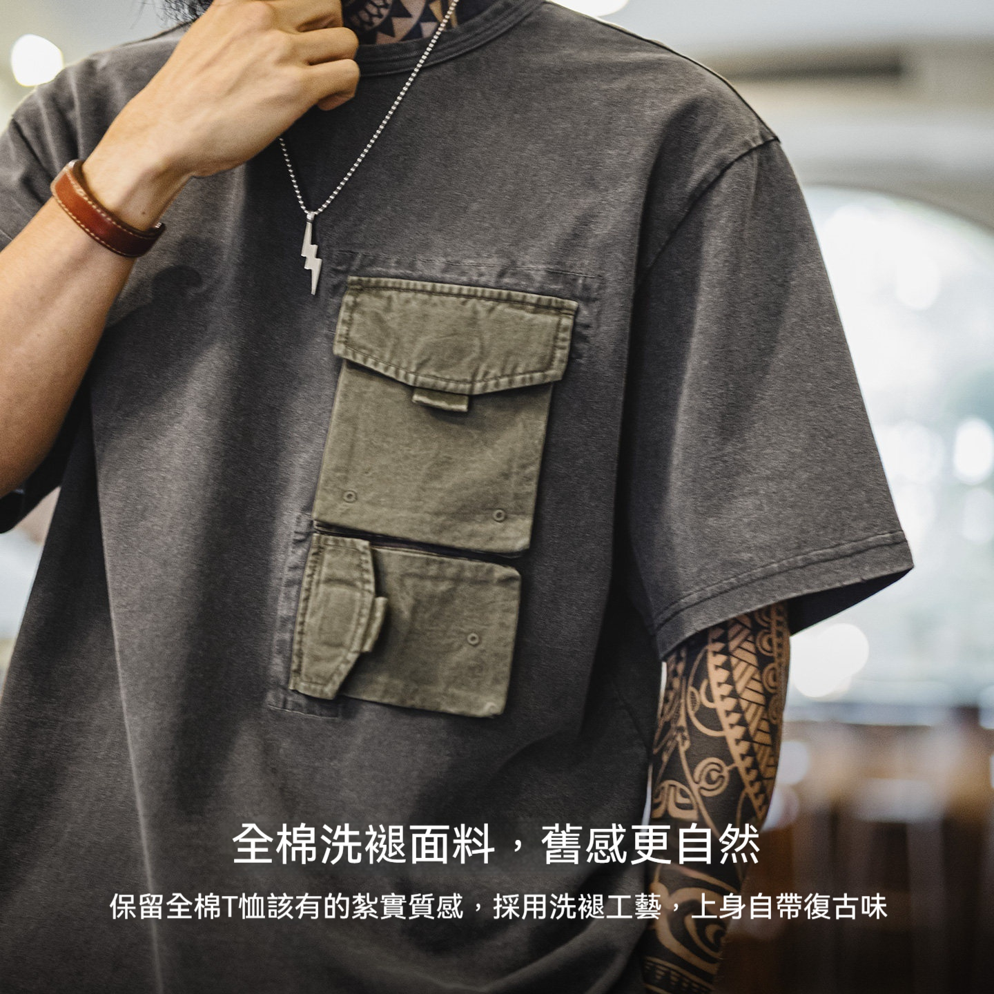 美式復古灰色圓領套頭口袋t恤vintage做舊純棉短袖衫男夏
