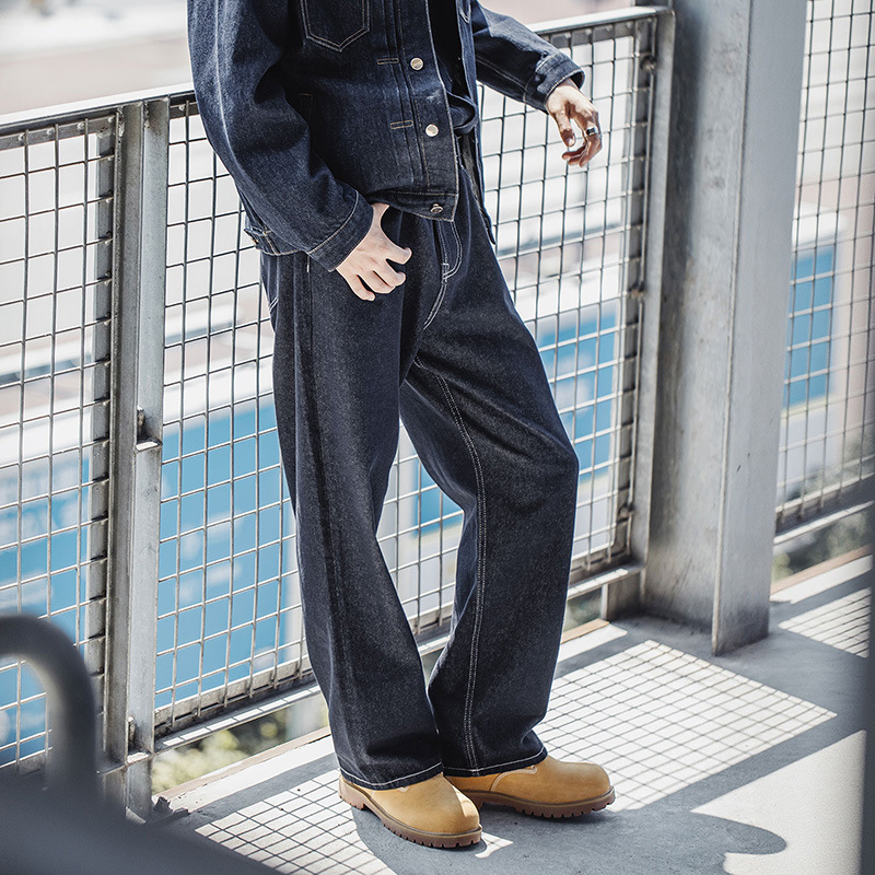 MRA美式復古重磅原牛色直筒牛仔褲闊腿寬鬆垂感深藍牛男夏秋