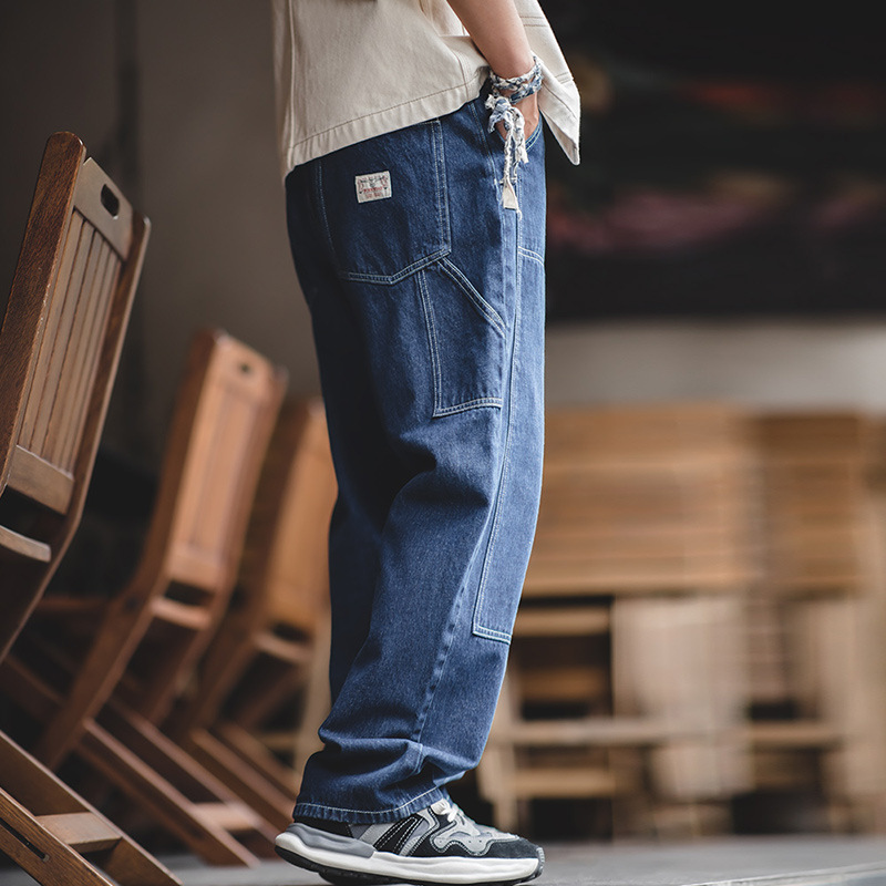 美式復古水洗丹寧伐木工褲寬鬆直筒雙膝錐形牛仔褲男秋-Retro's Wear