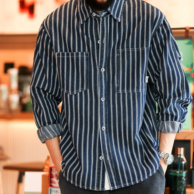 美式復古豎條紋襯衫男微寬長袖口袋戶外休閒牛仔襯衣外套-Retro's Wear