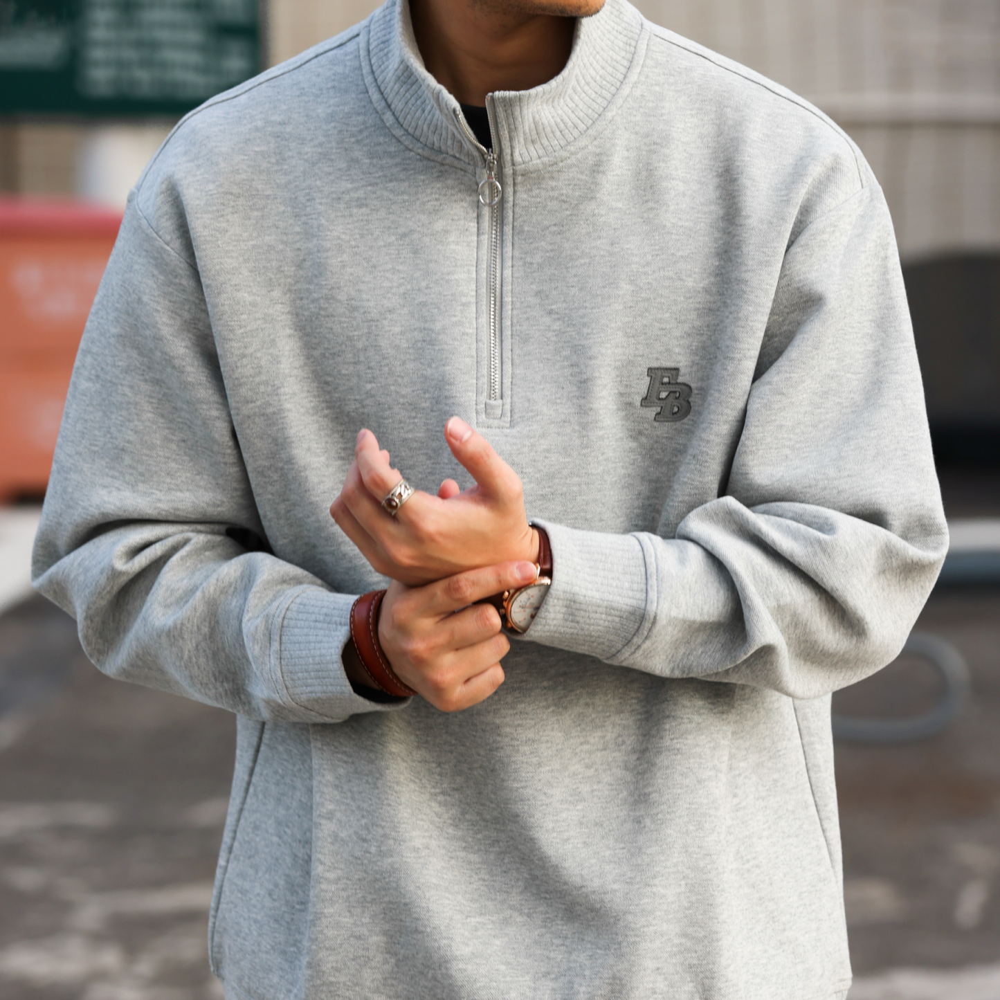 美式休閒貼皮繡立領衛衣男400g重磅半拉鍊運動套頭上衣