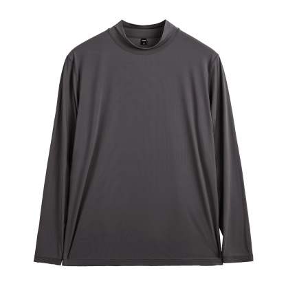 美式半高領長袖T恤健身彈力灰色修身冰絲內搭打底男士秋