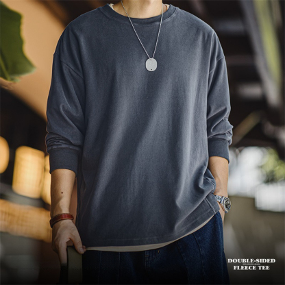 美式雙面磨毛仿德絨長袖T恤基礎款寬鬆圓領保暖上衣男秋-Retro's Wear
