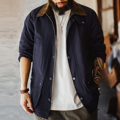 美式復古Safari遊獵裝夾克防水藍色vintage風衣外套男秋