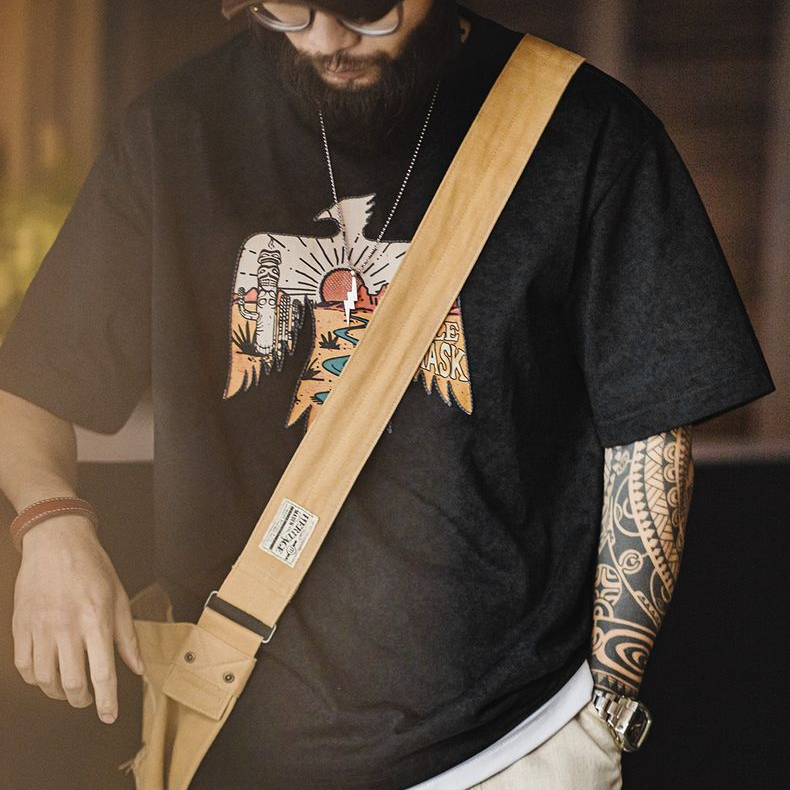 美式復古印第安雷鳥T恤棉重磅民族風刺繡印花短袖男夏季