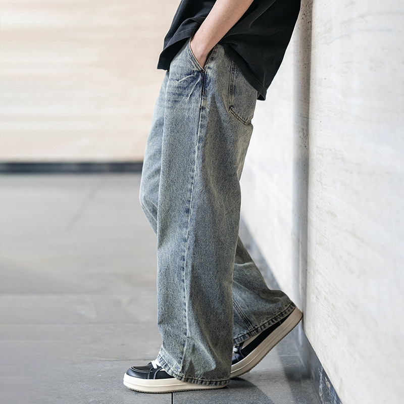 MRA鬆緊腰猫須水洗牛仔褲復古丹寧直筒寬鬆休閒長褲子男夏