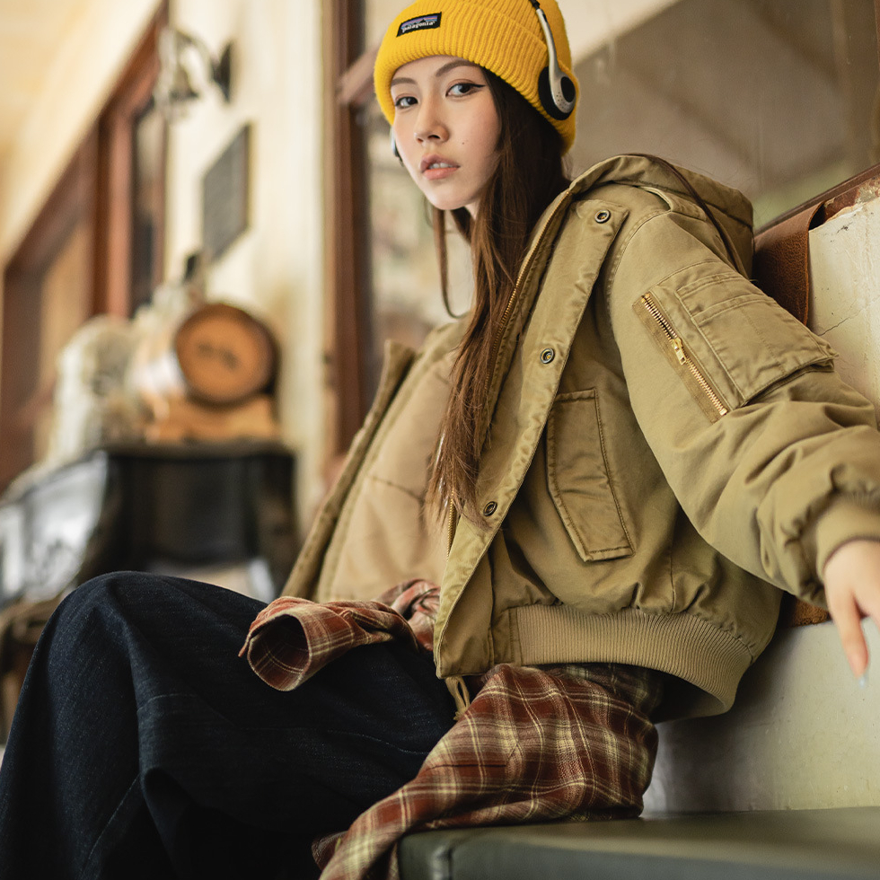 卡其色美式復古寬鬆飛行員夾克連帽工裝夾棉衣服外套女士秋冬
