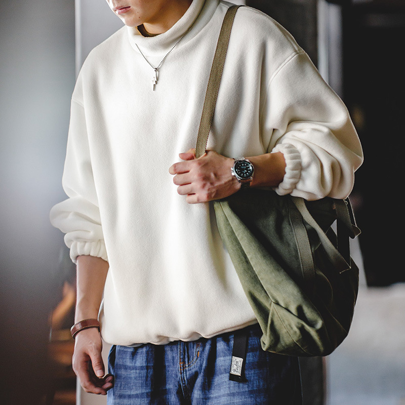 美式休閒搖粒絨衛衣立領cityboy寬鬆慵懶無帽套頭衫男秋-Retro's Wear