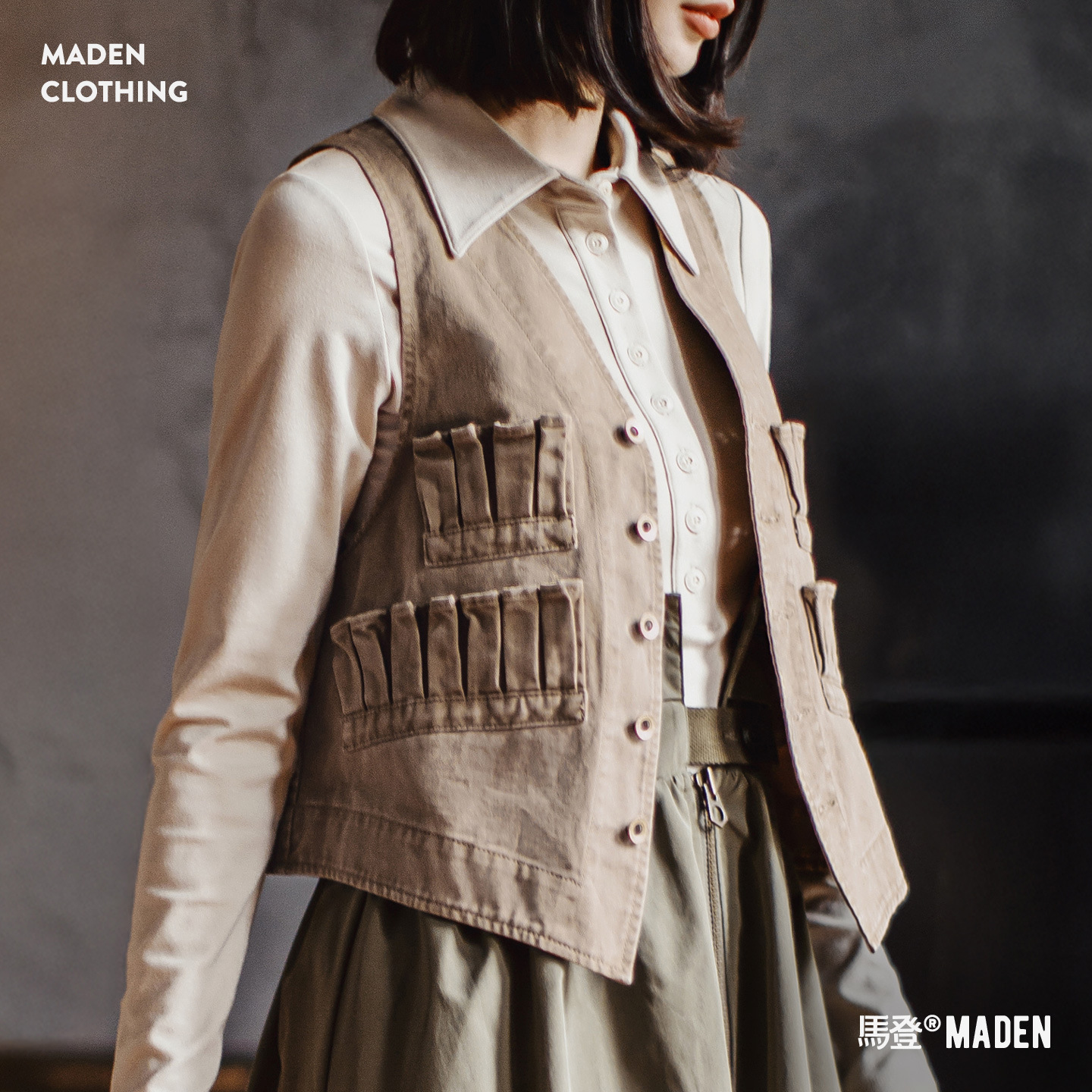 復古多口袋V領無袖工裝外搭套疊穿馬甲夾坎肩心上衣女士秋季