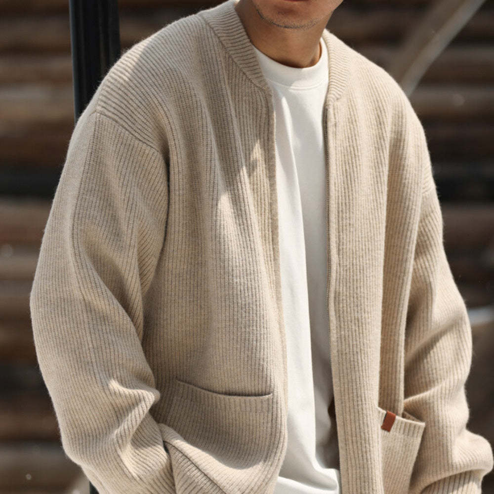 美式休閒680g重磅拉鍊開衫毛衣男7針粗線復古針織外套冬-Retro's Wear