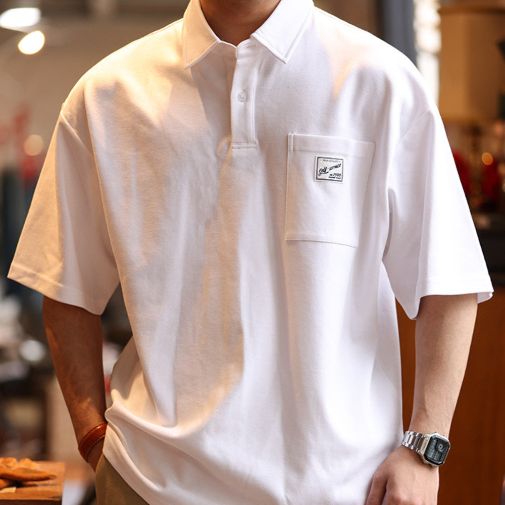 日系痞帥短袖POLO衫男士口袋貼標翻領美式復古重磅保羅T恤夏-Retro's Wear