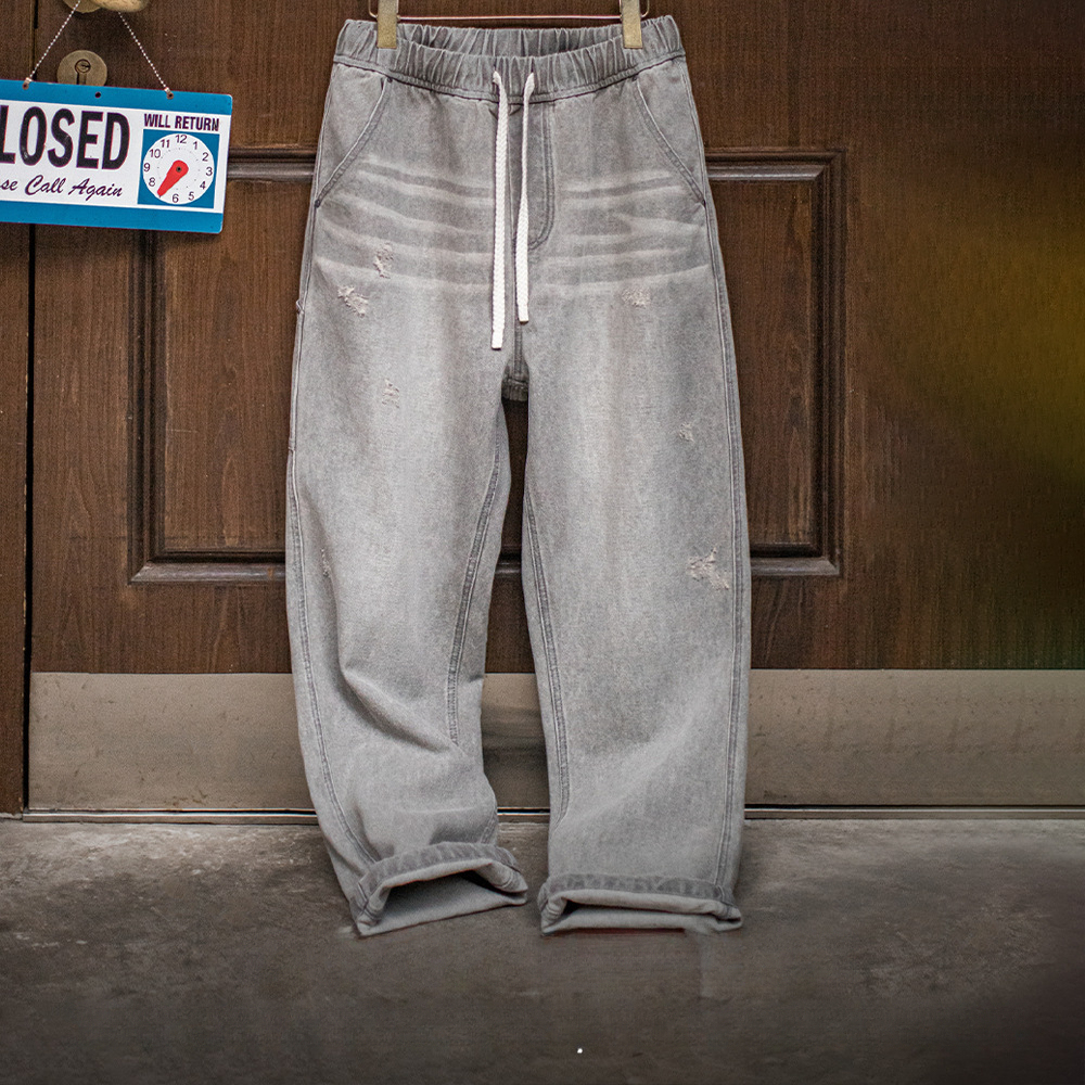 美式復古水洗做舊格雷系灰牛仔褲破洞猫須伐木直筒褲男春