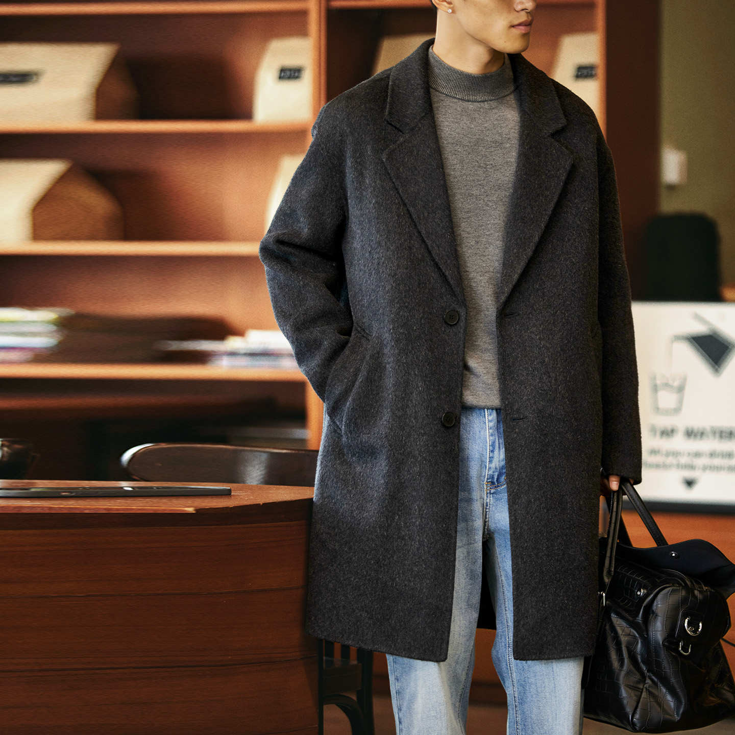 雙面羊絨平駁領毛呢大衣男士2025冬季新款通勤保暖中長款羊毛外套