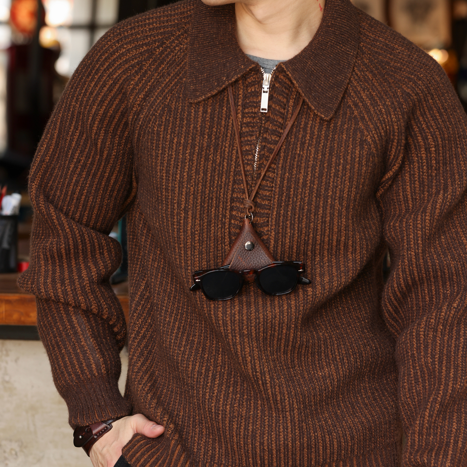 美式復古860g重磅半拉鍊翻毛衣男抗起球插肩袖POLO針織衫