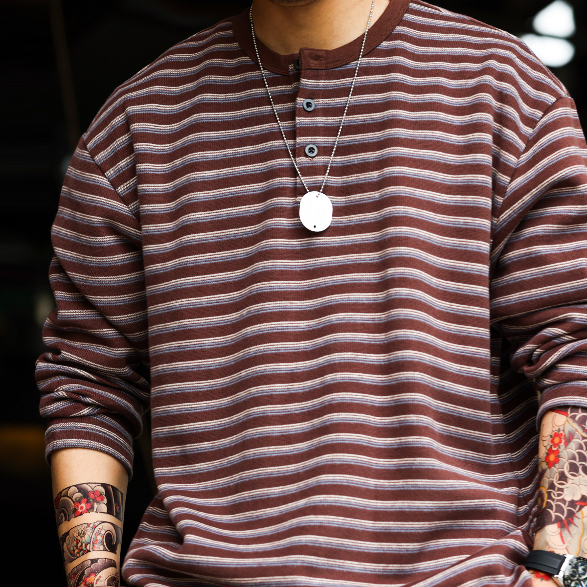 美式休閒360g重磅條紋POLO衫男寬鬆復古亨利領長袖T恤秋