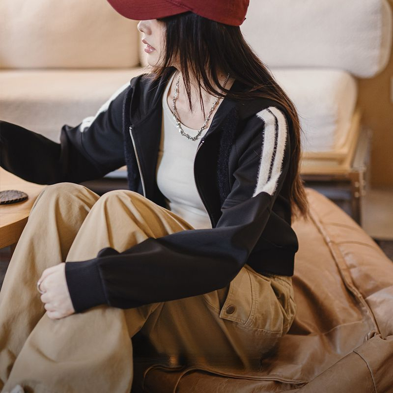 空氣層hoodie開衫外套條紋毛絨拼接衛衣春季運動通勤上衣女