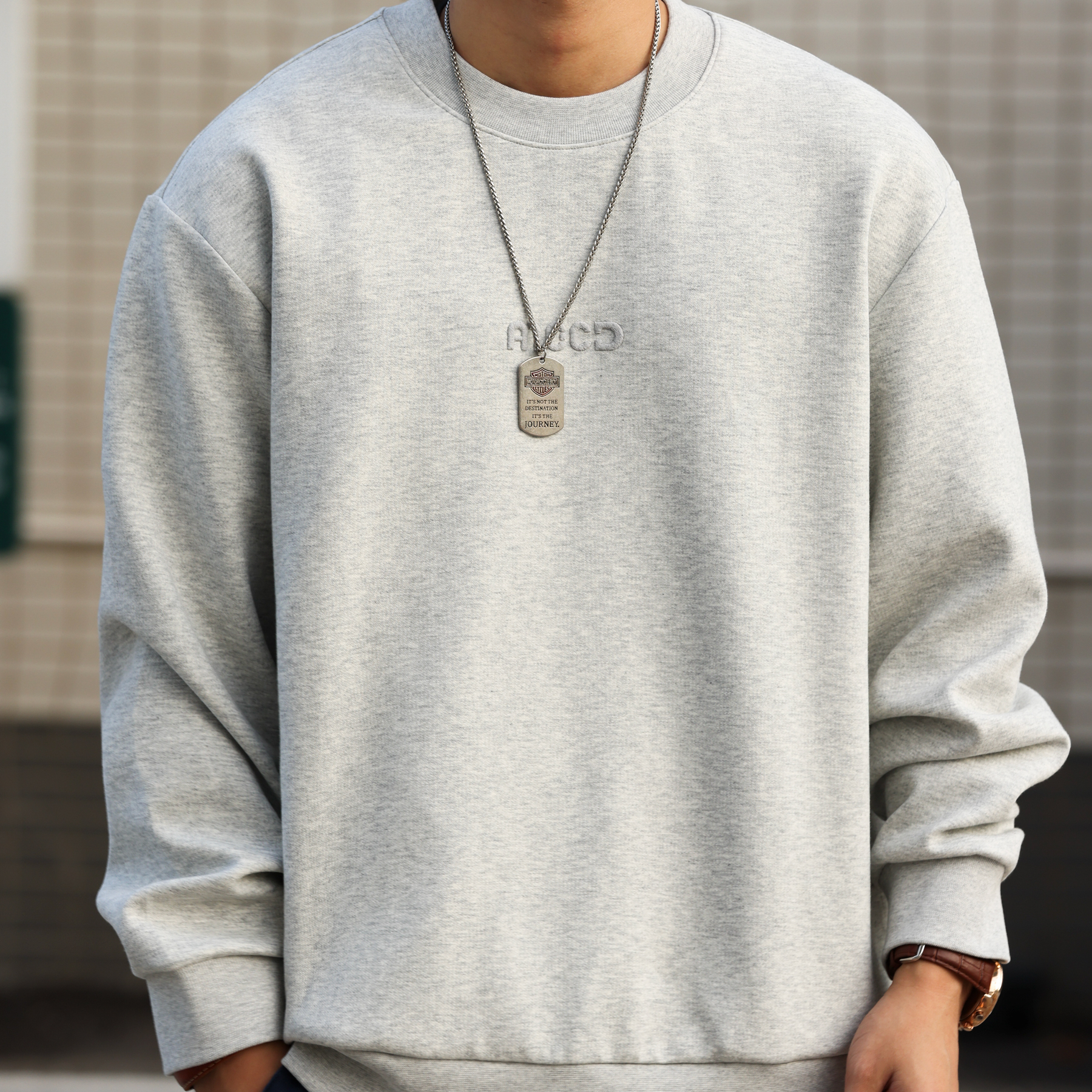 美式休閒無帽圓領字母刺繡衛衣男寬鬆380g打底長袖上衣