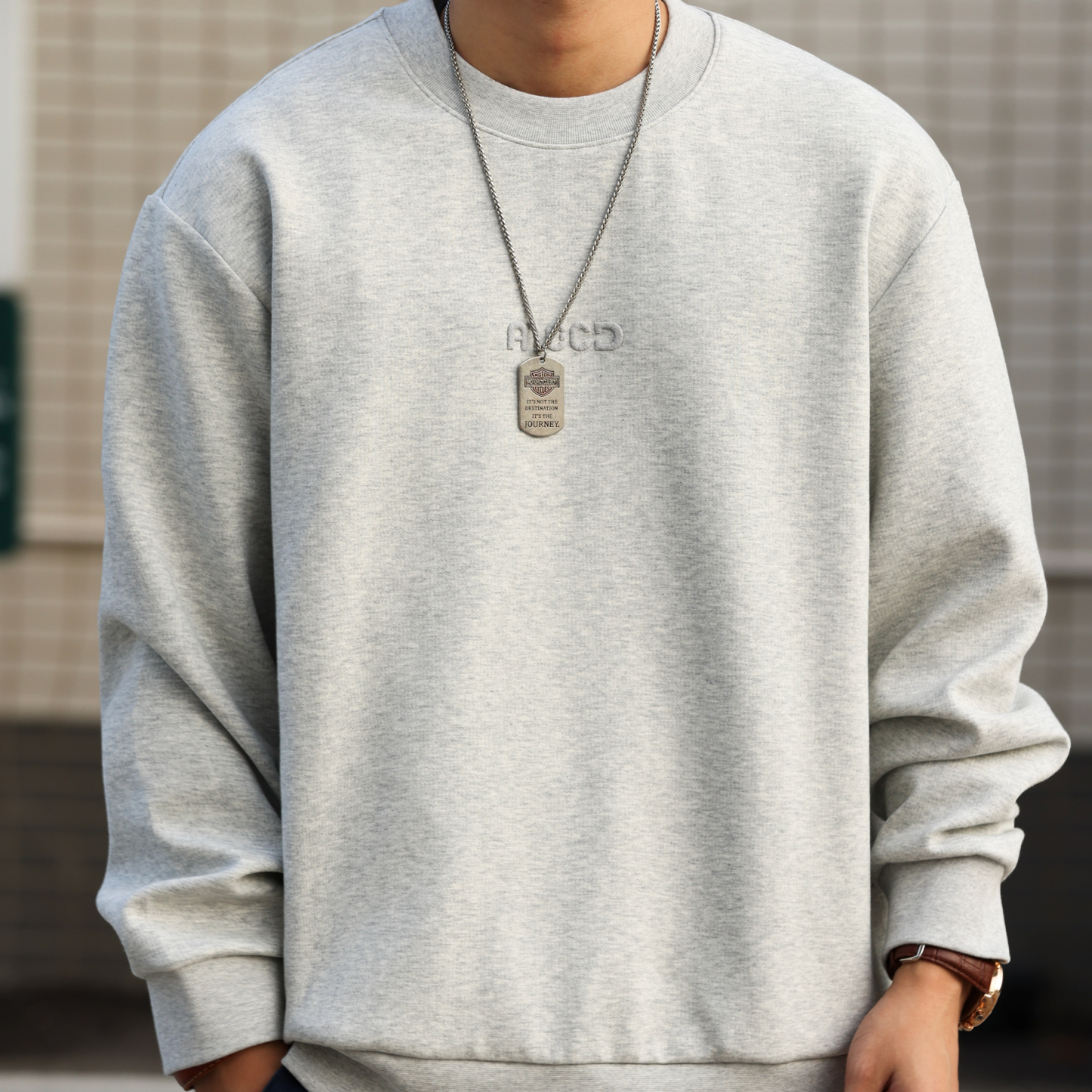 美式休閒無帽圓領字母刺繡衛衣男寬鬆380g打底長袖上衣