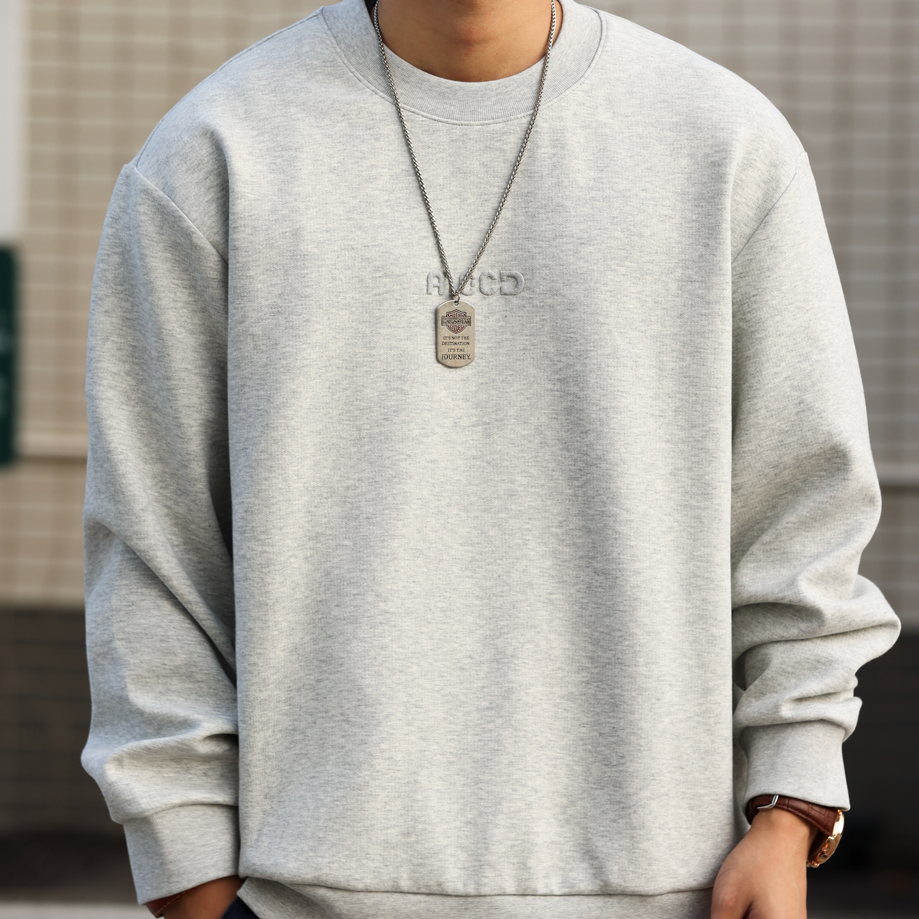 美式休閒無帽圓領字母刺繡衛衣男寬鬆380g打底長袖上衣